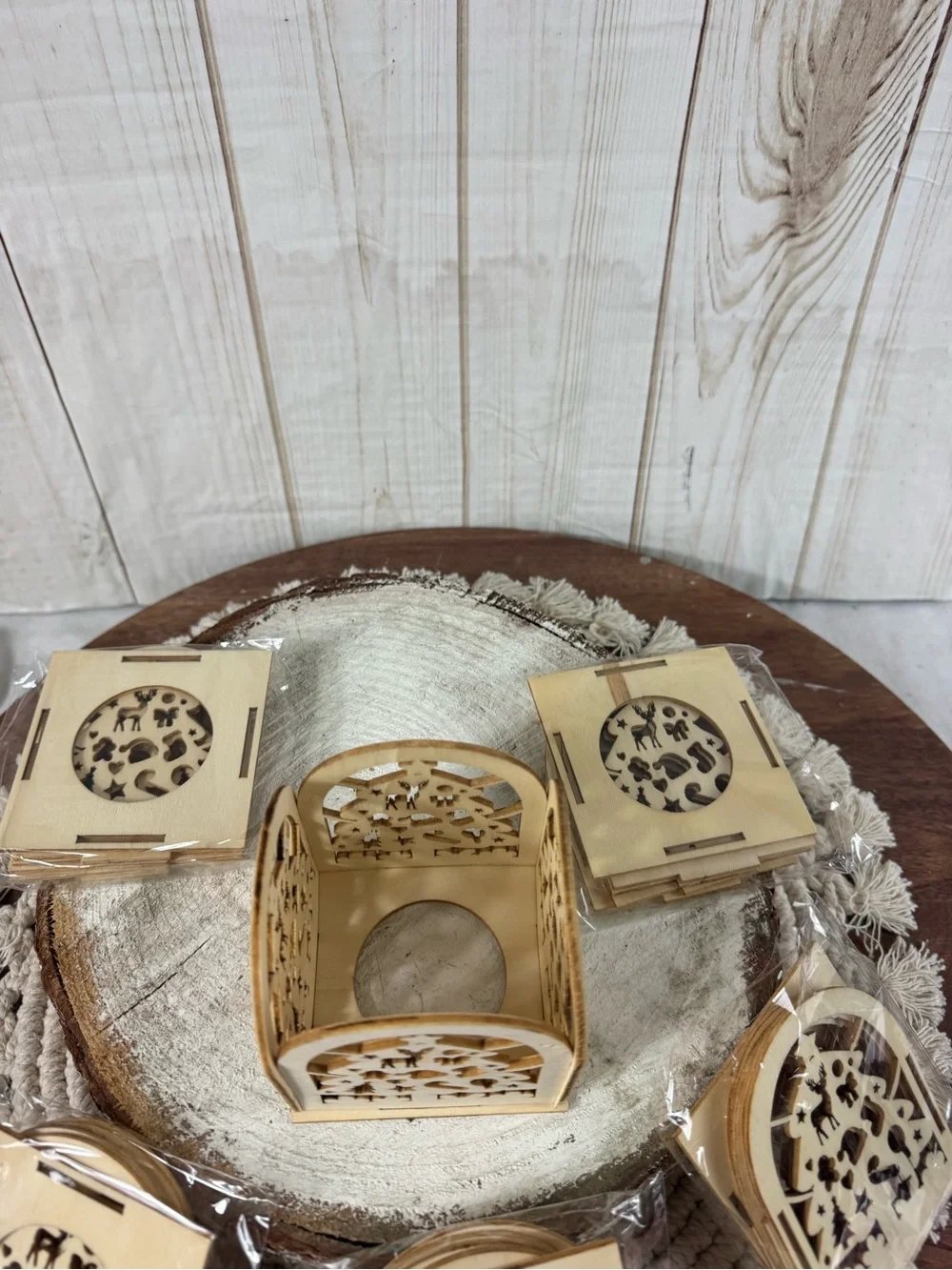 Wood carved Christmas tea light candle box winter scence (set of 6).